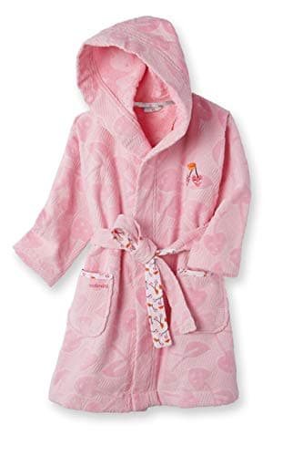 Bata de baño rosa con capucha, estampado en cereza.