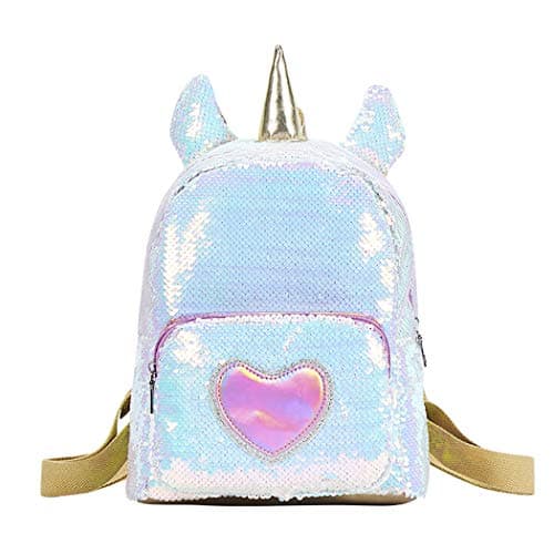 Mochila de unicornio con lentejuelas blancas y rosas, orejas y corazón, para niña