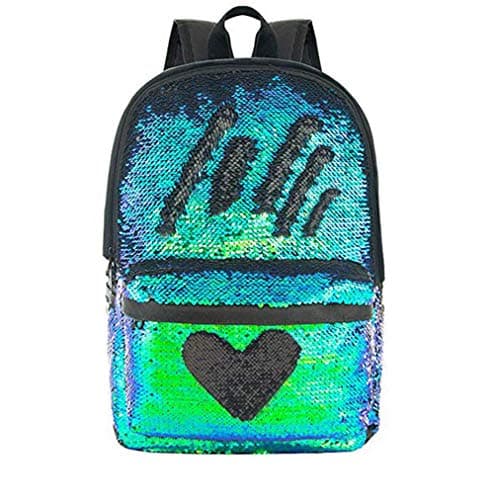 Mochila escolar a la moda con lentejuelas verdes reversibles de corazón