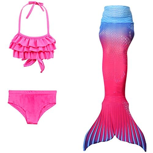 Traje de baño de una sola hoja de color rosa y azul y cola de sirena.