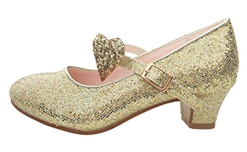 Zapato dorado con lentejuelas y un pequeño tacón para niña a llevar con un vestido de princesa, la Señorita