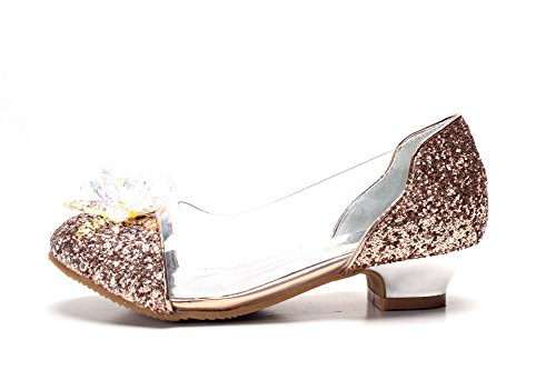 Adorables bailarinas de mocasín con un tacón brillante de oro y transparente con flores