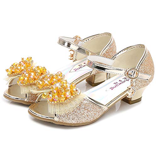 Adorables sandalias de tacón con brillo dorado con lazo y joyas de Eleasica