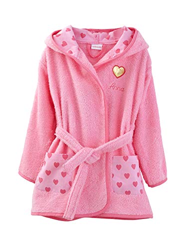 Albornoz con capucha para niña con patrón de corazoncitos rosados disponible en talla de 6 a 12 años Verdaubet