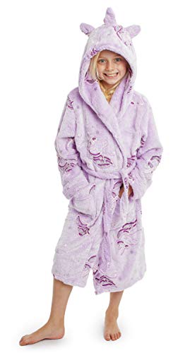 Albornoz de unicornio púrpura para niña con cuerno y melena 3D disponible en talla 5 a 14 años, Citycomfort