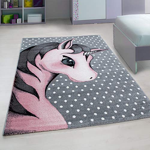 Alfombra con cabeza de unicornio rosa y fondo gris 100% Polipropileno 160x230 cm alfombra rosa y gris XXL