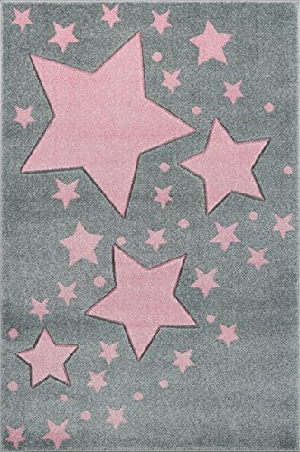 Alfombra gris con estrellas rosas de polipropileno con un pequeño precio.