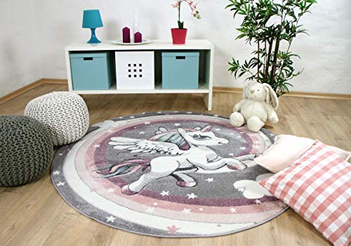 Alfombra redonda rosa y gris con unicornio 100% Polipropileno Oeko-Tex Standard Quality Label 100