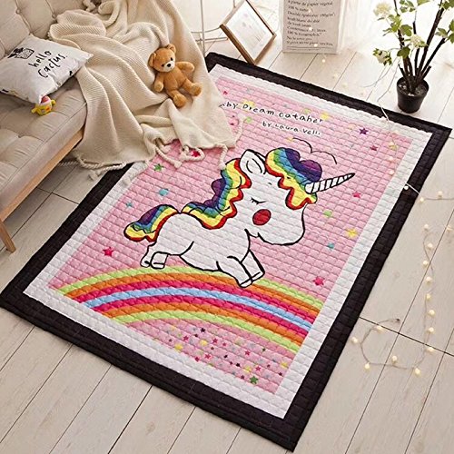 Alfombra rosa XXL con unicornio y arco iris de 195 x 145 cm, 100% algodón, ideal para amortiguar las caídas ya que está acolchada.