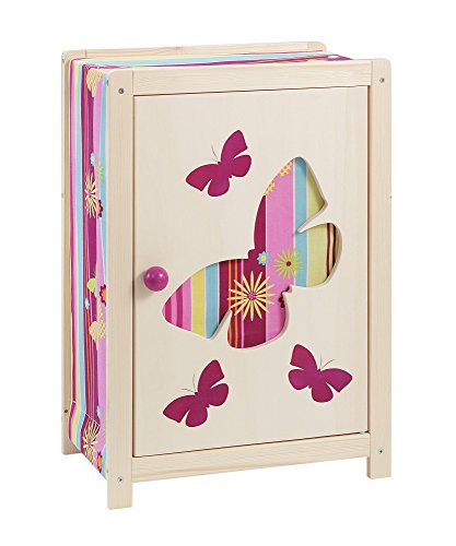 Armario de madera multicolor para ropa de muñecas con mariposa, altura 53 cm.