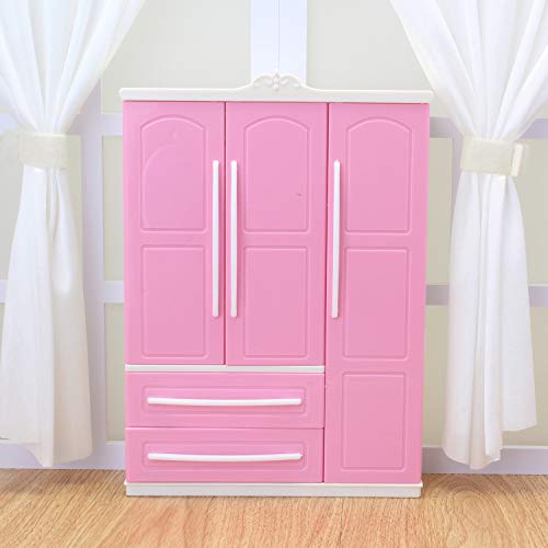 Armario de plástico rosa de 3 puertas para ropa de muñecas estilo Barbie.