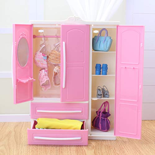 Armario de plástico rosa de 3 puertas para ropa de muñecas estilo Barbie.