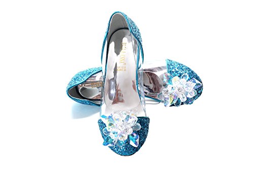 Bailarinas de lentejuelas azules con pequeños tacones con flor