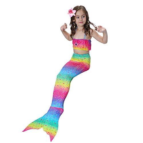 Bañador de cola de sirena arco iris de una sola solapa para niñas compatibles con la marcha.