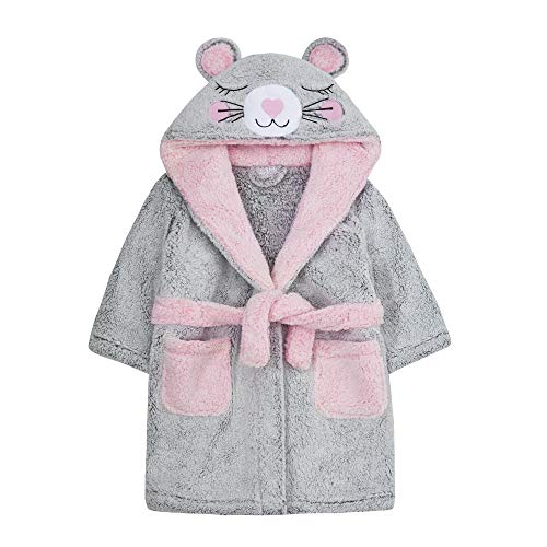 Bata de baño de ratón Miikidz para niña en color gris y rosa con orejas 3D para niñas de 2 a 6 años con cola pequeña