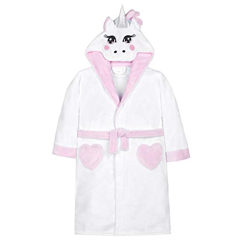 Bata de baño de unicornio Miikidz para niña, color blanco con cuerno 3D y melena rosa, bolsillos rosados en forma de corazón para niña de 2 o 3 años