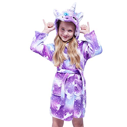 Bata de baño de unicornio púrpura Galaxy para niñas con cuerno y melena 3D de 5 a 18 años.