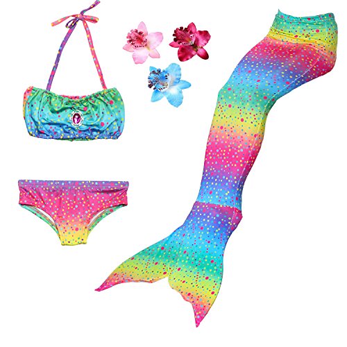 Bikini, flores para el cabello y cola de sirena arco iris.