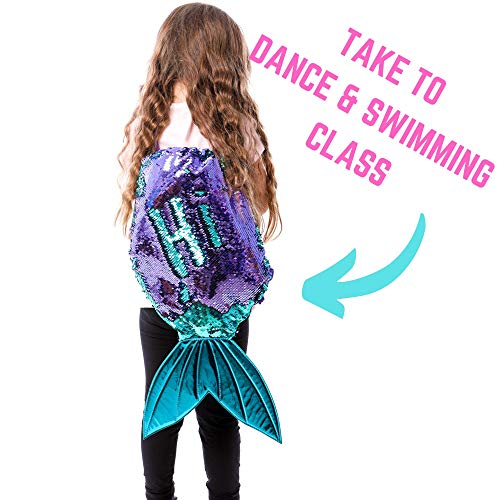 Bolsa de deporte o de piscina con cola de sirena de cordón iridiscente con lentejuelas azules y moradas reversibles