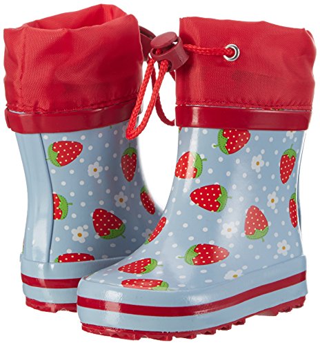 Botas de lluvia azul celeste y rojo con estampado de fresa para chica con cordón.