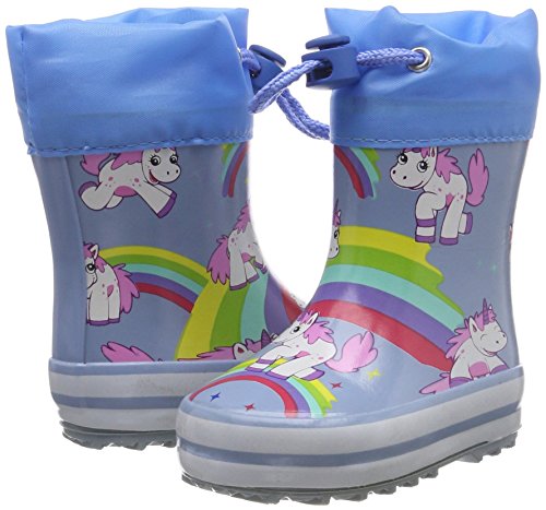 Botas de lluvia azules con unicornio y un arco iris para la chica con cordón.