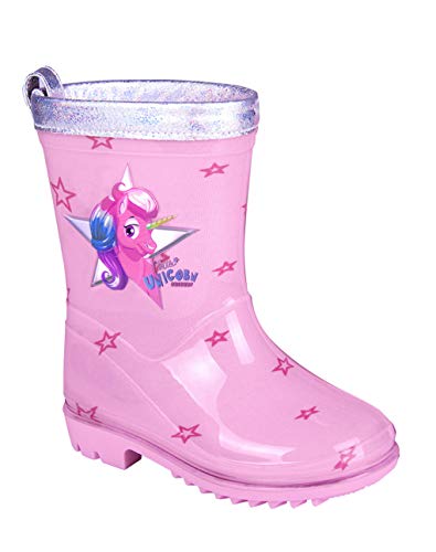 Botas de lluvia de color rosa claro con unicornio para niña con suela antideslizante PERLETTI con borde plateado
