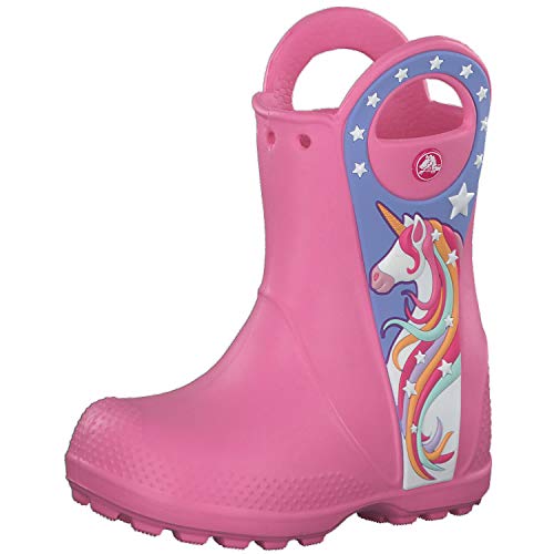 Botas de lluvia rosa con cabeza de unicornio para chica con asas Crocs con dedos reforzados