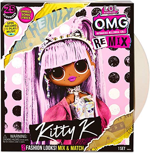 Caja sorpresa LOL que contiene una muñeca de colección modelo Remix, Kitty K Queen, Pop Music O.M.G. Remix series