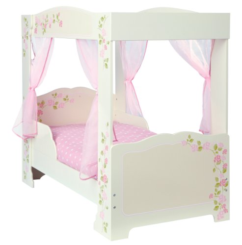 cama con dosel de princesa para niña con friso de flores de madera blanca