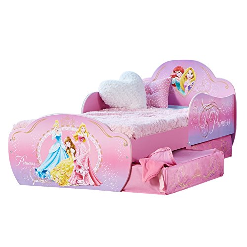 Cama de princesa Disney para niña, rosa con cajones de madera.
