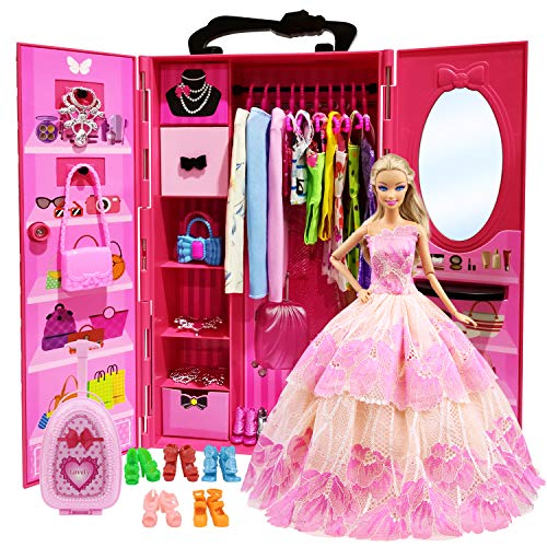 Camerino rosa fucsia para la chica Zita con ropa de muñeca estilo Barbie con puertas transparentes