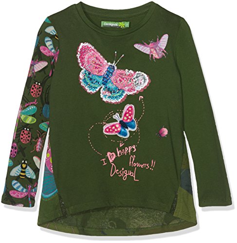 Camiseta de diseño para chica con mariposas de color caqui verde brillante.