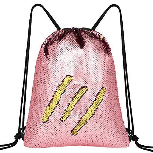 Deportes de cuerda iridiscente o bolsa de billar con lentejuelas reversibles rosas y doradas