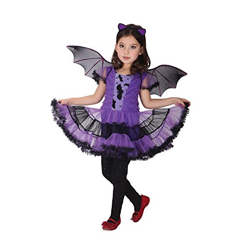 Disfrazar un vestido de tutú de murciélago para una chica para celebrar Halloween, negro y púrpura