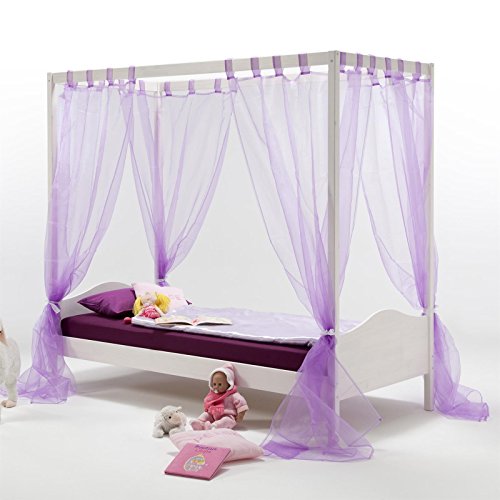 Dosel de princesa cama de princesa para chica con velo púrpura en madera blanca