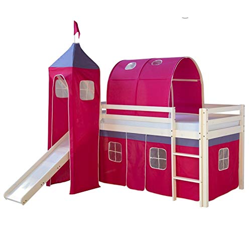 Entrepiso de cama de princesa en forma de castillo rosa con tobogán y túnel fucsia