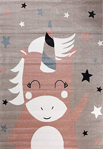 Gran alfombra de estrellas grises con un unicornio rosa, de diferentes tamaños, aquí 120x170 cm, garantizado libre de sustancias nocivas.