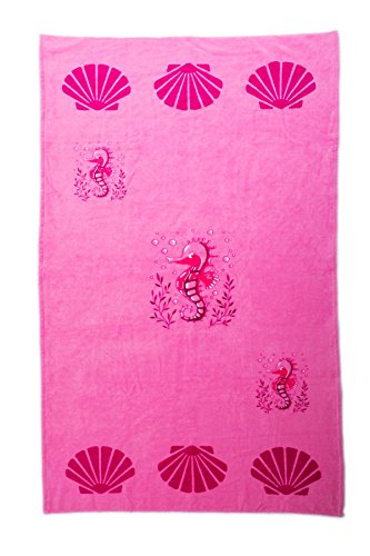 Gran toalla de playa de algodón rosa para la chica con diseño de caballito de mar