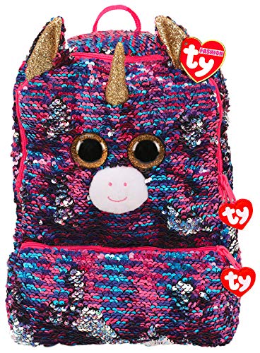 La mochila de la chica en forma de un unicornio de felpa con lentejuelas Ty púrpura y rosa reversibles.