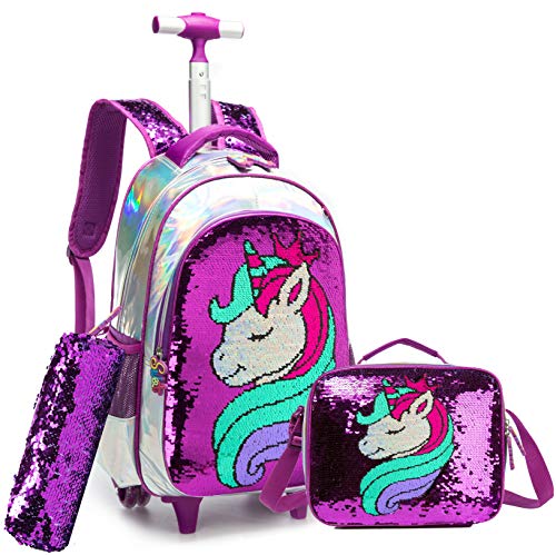 Maletín del tamaño de una mochila de unicornio con un estuche y una bolsa de almuerzo. Brillos de color violeta.