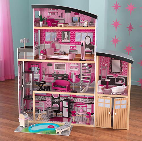 Mega casa de muñecas de madera muy femenina y muy contemporánea con pisos, color fushia negro y rosa con piscina, Kidcraft