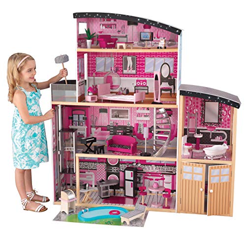 Mega casa de muñecas de madera muy femenina y muy moderna con pisos, color fushia negro y rosa con piscina, Kidcraft