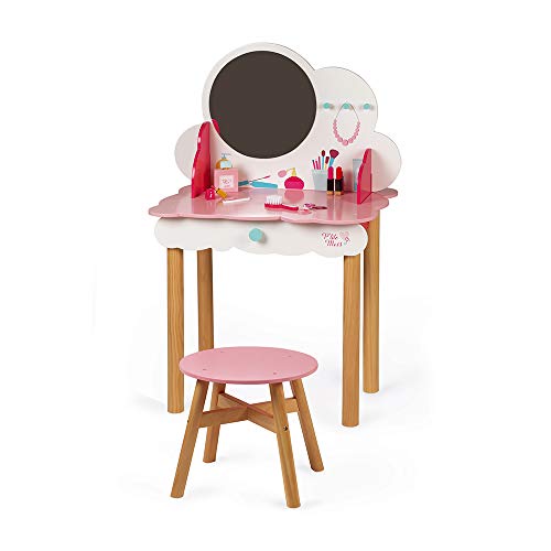Mesa de maquillaje blanca y rosa con espejo grande y taburete y accesorios de maquillaje.