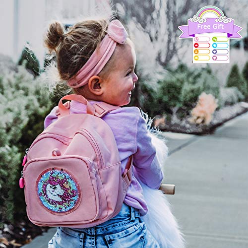 Mini mochila Mommore para niñas de 1 a 3 años con un unicornio de lentejuelas