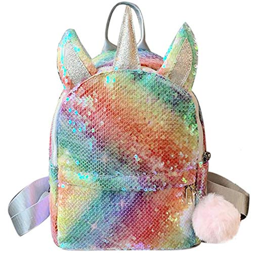 Mochila de lentejuelas de arco iris de unicornio con cuerno, orejas y pompón, para niña 