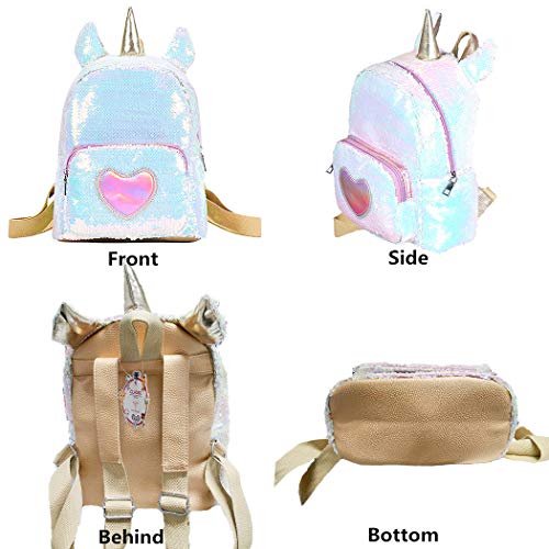 Mochila de unicornio con lentejuelas blancas y rosas, orejas y corazón, para niña 