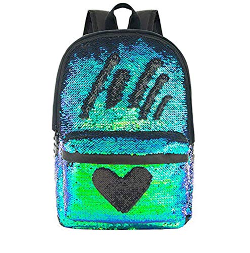 Mochila escolar a la moda con lentejuelas verdes reversibles de corazón