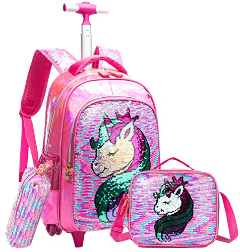 Mochila escolar unicornio sobre ruedas con lentejuelas rosas reversibles y kits variados