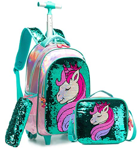 Mochila escolar unicornio sobre ruedas con lentejuelas verdes reversibles y kits variados