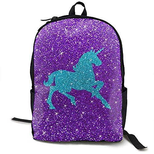 Mochila Mommore para chica con silueta de unicornio azul en lentejuelas sobre lentejuelas púrpura